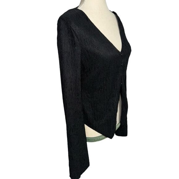 Solid Black Button Down Wide Sleeve Blouse Deep V Neck size L 8/10 stretchy - Picture 5 of 12